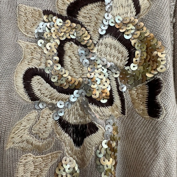 Vintage Cache Knit Silk Blend Tan Cardigan Gold Sequin Floral Embroidery Size S - Picture 9 of 13
